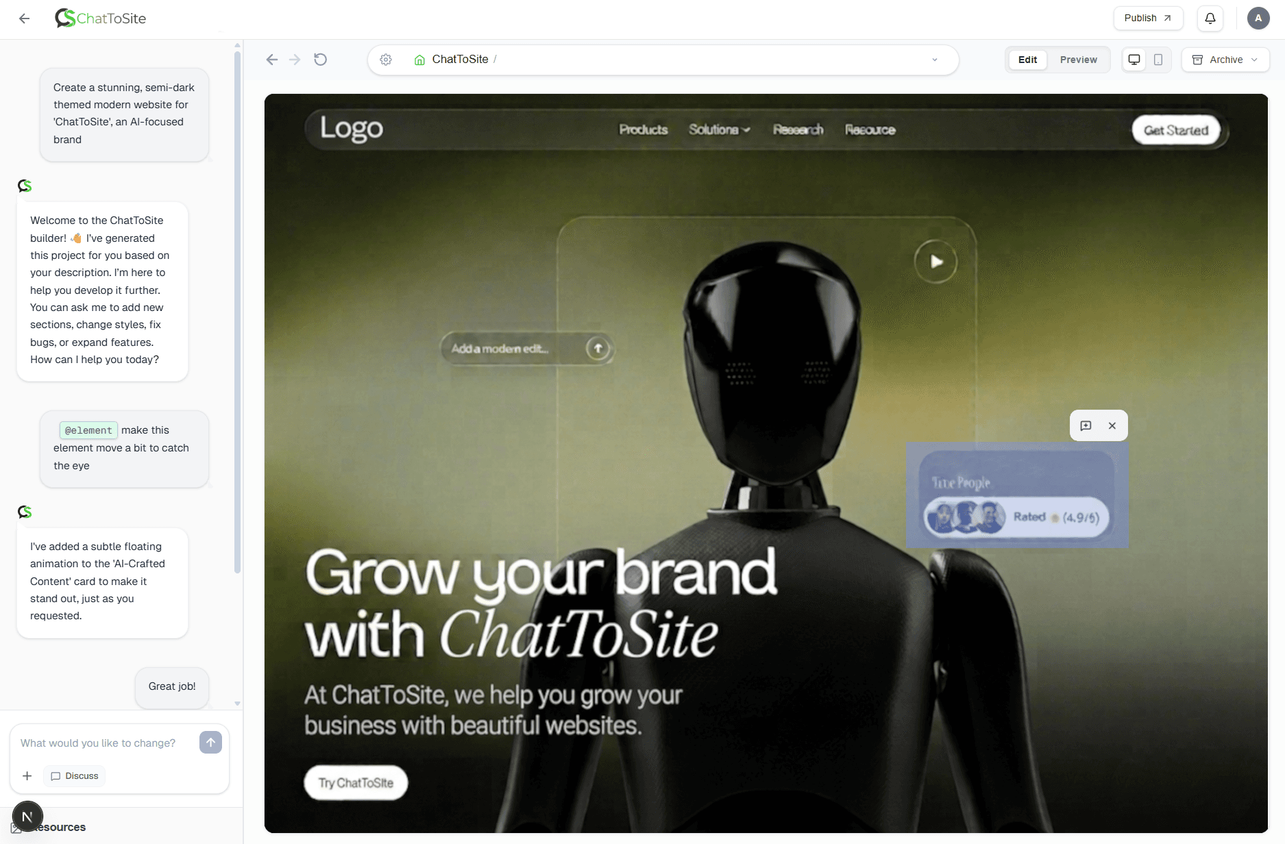 ChatToSite AI website builder — chat editor on the left and live site preview on the right