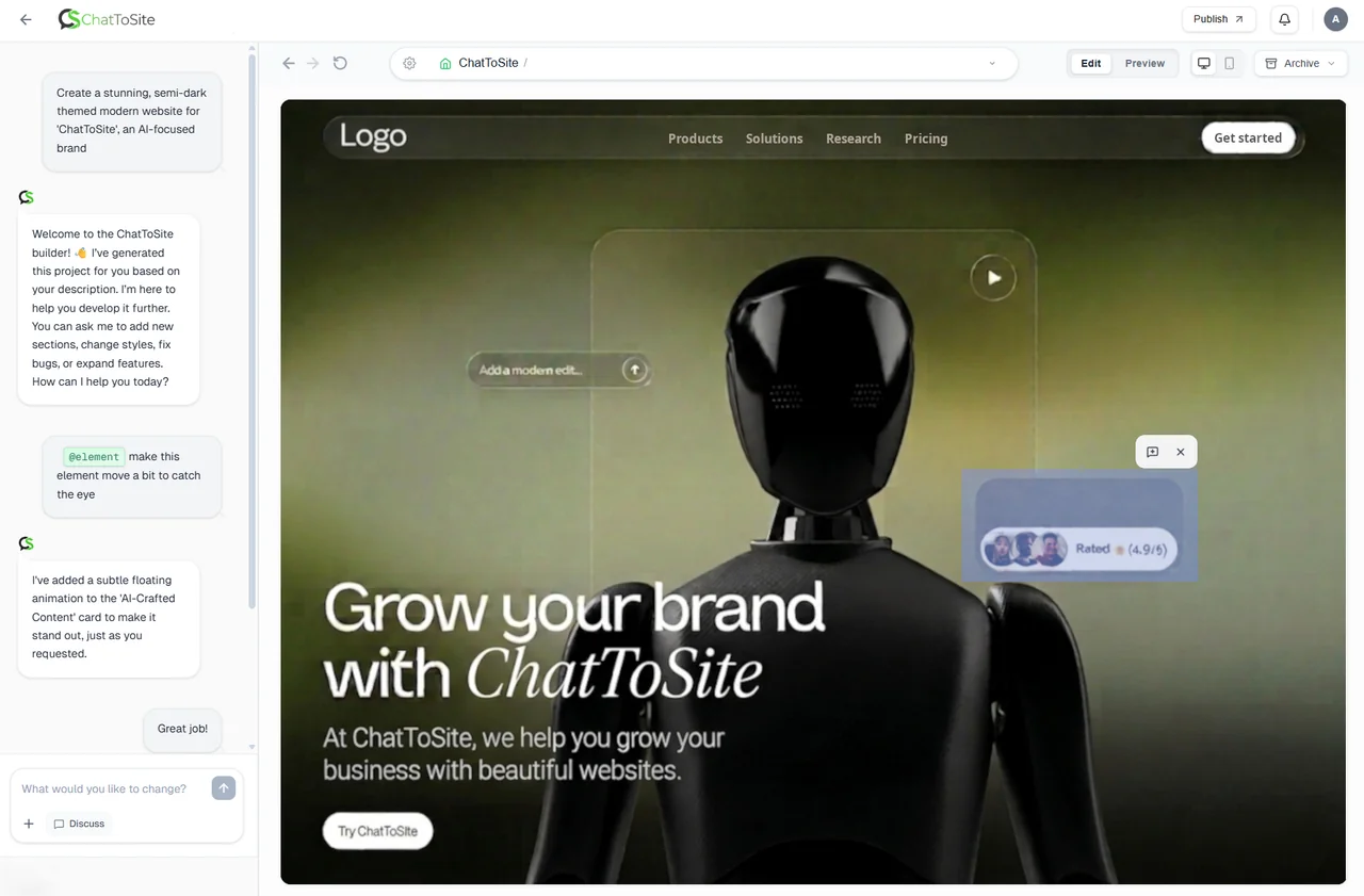 Screenshot of ChatToSite's AI website editor with a chat panel on the left and a live responsive website preview on the right